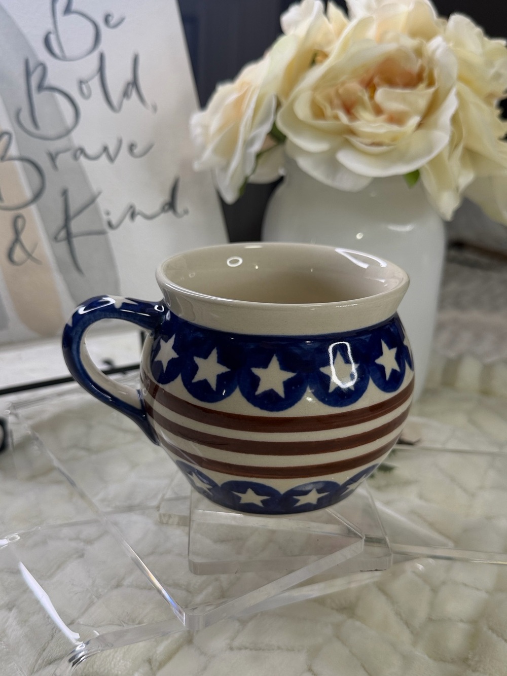 BOLESLAWIEC Hand Made Poland Stars & Stripes Mug Blue/Red/White